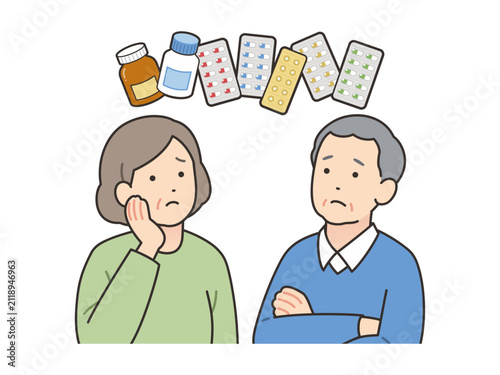薬の管理に悩む高齢者のイラスト