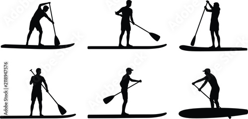 Paddleboarding icons flat vector illustration. Six detailed male and female athlete silhouettes stand on sup boards holding oars during outdoor water recreation.
