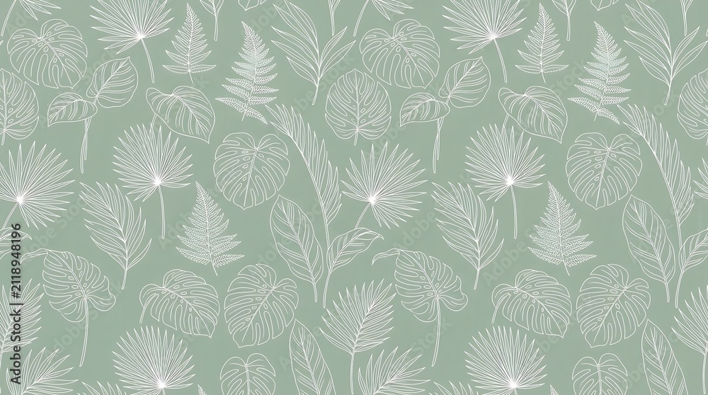 Fototapeta premium Elegant light green palm leaf pattern on soft background.