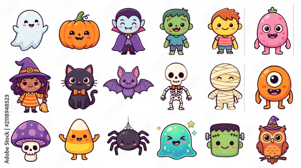 Fototapeta premium Collection of Adorable Halloween Monster Characters Premium Stock Vector Set Cute Spooky Cartoon Mascots