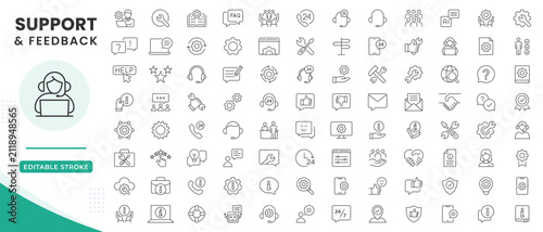 Support line icon set. Containing customer service, agent, chat, help, call, technical, assistance, feedback, message, information, FAQ and more. Editable stroke symbols pack vector illustration