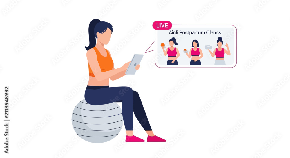 Obraz premium Woman Sitting on Fitness Ball Watching Live Online Postpartum Workout Class on Tablet Illustration