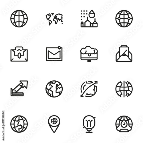Global communication and international connectivity icon set for world network logistics business concepts.