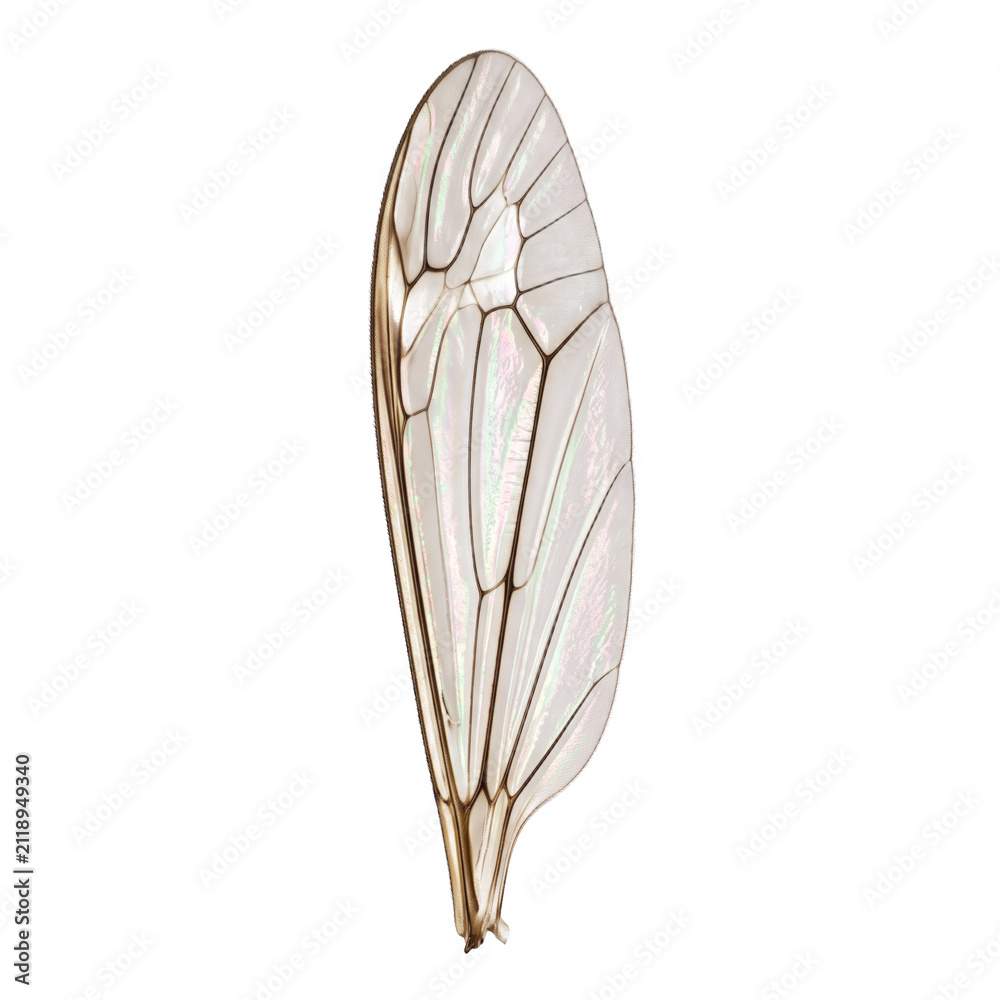 Obraz premium Iridescent crane fly translucent wing with gossamer texture isolated on a transparent background, realistic macro insect wing element for design.