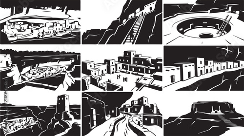 Canvas Print Set of nine black and white depicting ancient puebloan cliff dwellings, stone ar