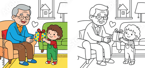 Grandfather Receiving Gift Box from Little Grandson Vector Illustration with Colored Version and Outline Line Art Coloring Page for Kids
