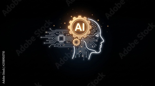 Glowing technology in Gear Mechanism on Human Head Silhouette Profile with Circuit Board Lines for Artificial Intelligence Concept

