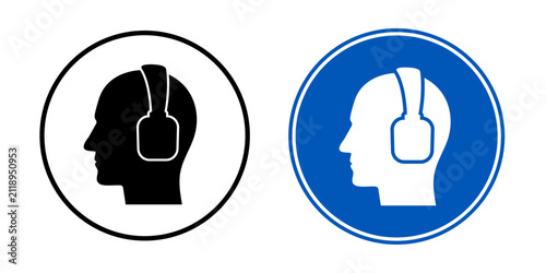 Foto Hearing protection mandatory sign icon set with earmuff symbol