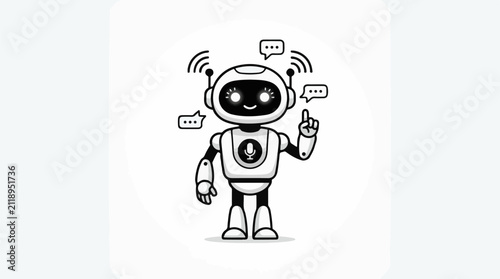 A cute friendly robot with a microphone emblem on its chest and chat bubbles around