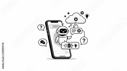 A cute robot assistant appears on a smartphone screen with cloud