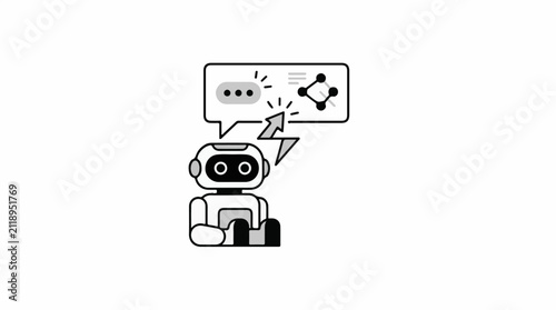 A cute robot contemplates data or communication in a thought bubble
