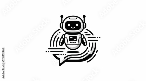 A cute smiling robot floats inside a speech bubble with abstract lines