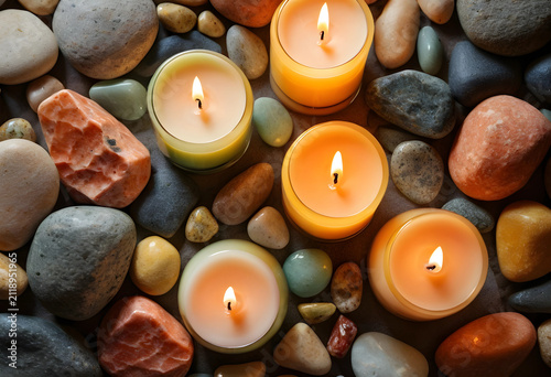 Overhead view of lit candle...
