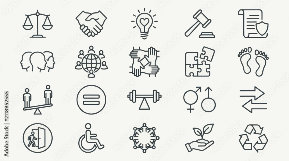 Fototapeta premium Law justice and social responsibility line icons.