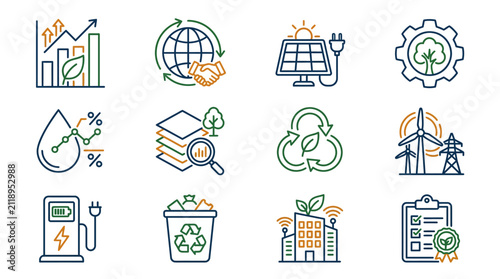 Dynamic Infographic Icons Showcasing Sustainable Energy Growth Recycling and Eco Innovation in Green Orange and Blue