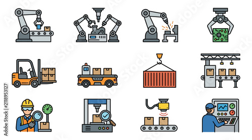 Clean of Modern Industrial Automation and Warehouse Operations with high quality professional line art symbols for modern creative design and digital branding projects