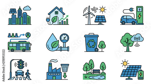 Modern Illustrated Icons of Sustainable Urban Living with Green Technology and Eco Friendly Solutions