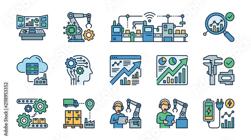 Modern Illustrated Icons Showcasing Industrial Automation AI Analytics Logistics and Smart Energy Systems