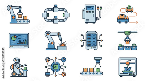 Minimalist Illustrations of Modern Industrial Automation and AI Technology with Blue and Orange Color Scheme