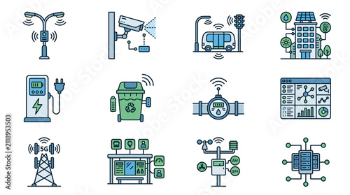 Clean Smart City Infrastructure Icons Showcasing Wireless Tech IoT and Urban Utilities in Blue and Green