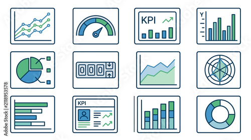 Creative Set of Twelve Colorful Data Analytics and Business Performance Dashboard Icons Featuring Charts KPIs and Metrics