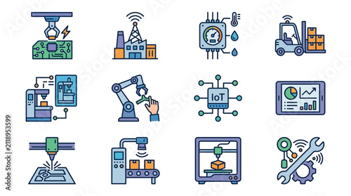 Industrial Automation and Smart Technology Icons Set Colorful Illustrations of Robots IoT 3D Printing and Factory Equipment