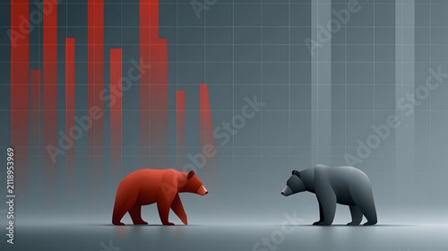 Bear market visualization with red financial graphs dropping across multiple trading screens, modern investment analysis, realistic commercial photography