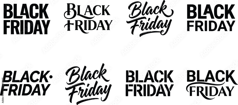 Obraz premium A collection of eight distinct Black Friday typographic logo designs featuring various bold, script, and modern minimalist font styles