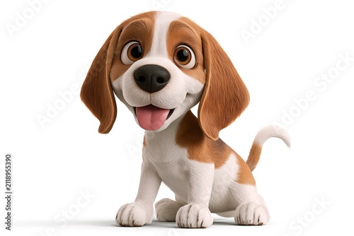 Cute cartoon beagle puppy sitting and smiling with tongue out on pure white background for adorable mascot design element.