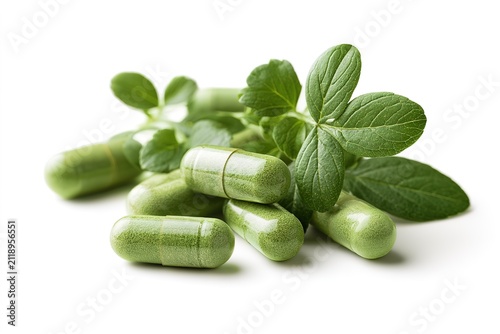 Green natural herbal supplements in capsules with fresh leaves on white background healthy lifestyle and medicine concept.