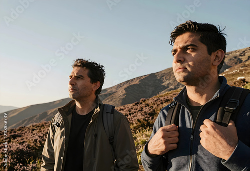 Two men hiking in mountains...