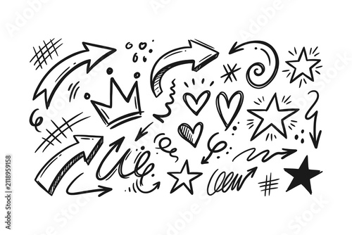 Photography A collection of black and white hand-drawn doodle elements including arrows, hea