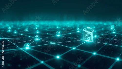 Digital network with glowing data icons and interconnected lines