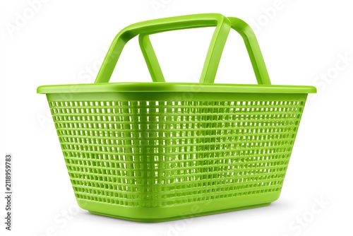 Bright lime green plastic shopping basket with sturdy handles a practical and versatile container for groceries or storage.