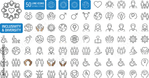 Inclusivity and diversity line icon mega set featuring community support disability rights accessibility gender equality and unity
