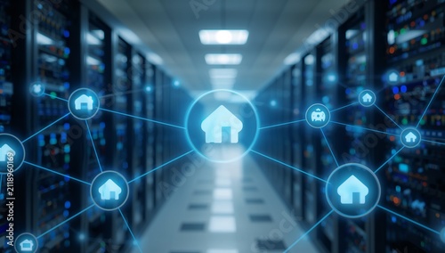 Smart home network icons over server room data center