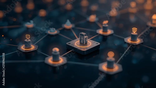 Digital network nodes with glowing orange icons