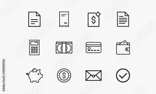 Bill Payment line editable icon set. Containing finance related icons bill, receipt, invoice, document, atm, cash