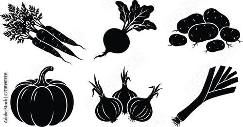 Fresh Root Vegetables Silhouette Vector Set Featuring Carrots Beetroot Potatoes Pumpkin Onions and Leek