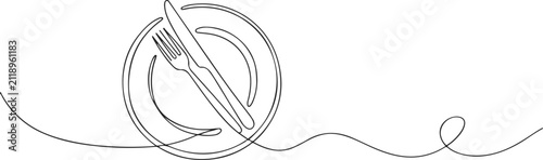 Continuous one line drawing of a plate with fork and knife