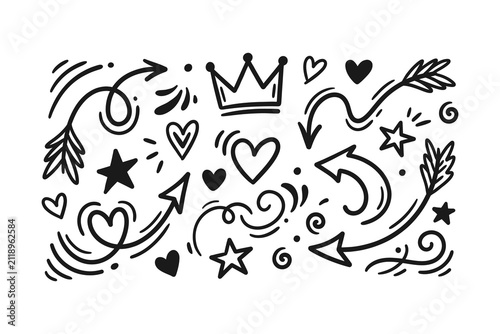 A collection of hand-drawn doodle elements featuring hearts, arrows, stars, a crown, and decorative swirls. Ideal for playful designs and creative projects