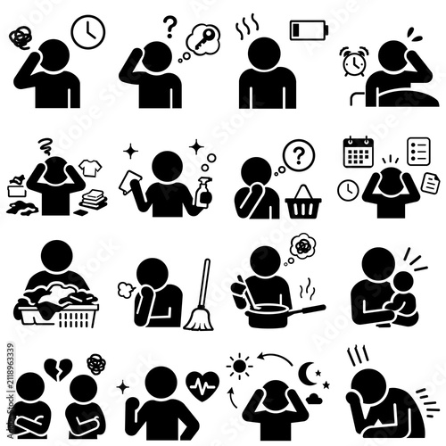 暮らしの困り事やストレスを16種類収録した人物ピクトグラム