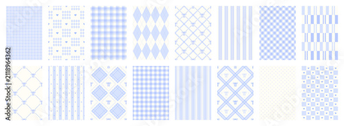 Foto Set of blue coquette seamless pattern with bow and heart