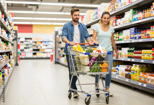 Young couple pushing a full...