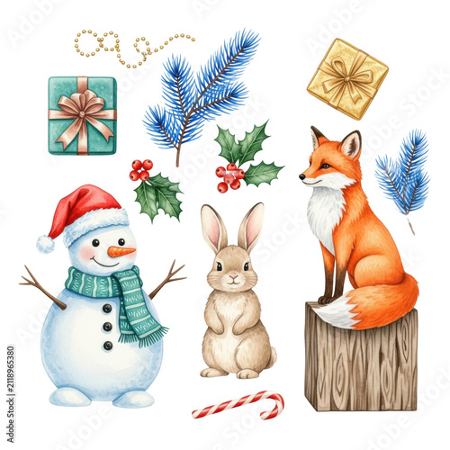 Photorealistic uhd flat lay of whimsical watercolor snowman, rabbit, and fox surrounded by festive christmas props and gifts on a transparent background. Concept for commercial holiday assets