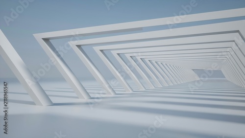 Futuristic White Geometric Architectural Tunnel with Dramatic Sunlight and Shadows