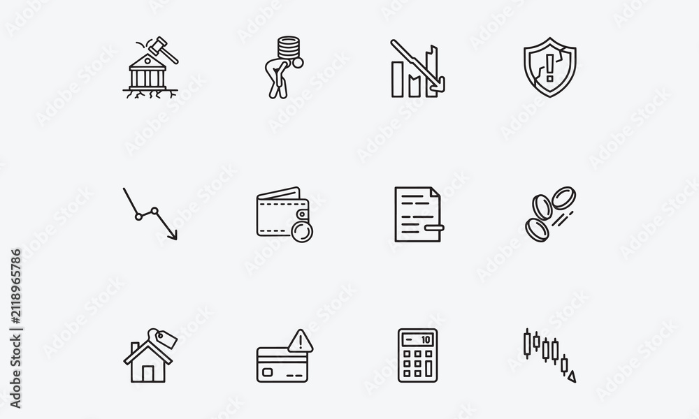 Fototapeta premium Financial crisis icon set. Containing bankruptcy, debt, financial , downturn, crisis, decrease