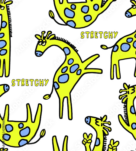 Photography Stretchy yellow cartoon giraffes with blue spots on a white background seamless