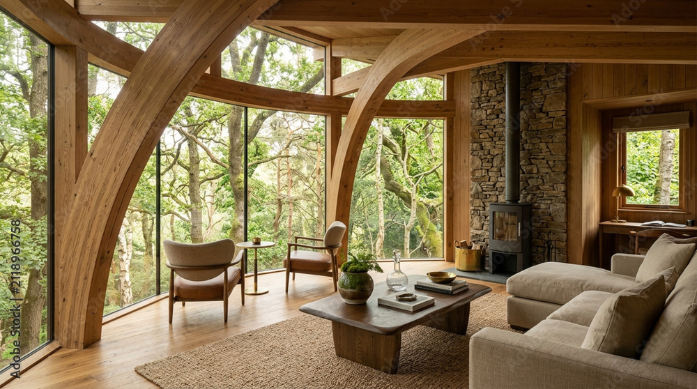 Fototapeta premium Cozy living room with fireplace and forest view