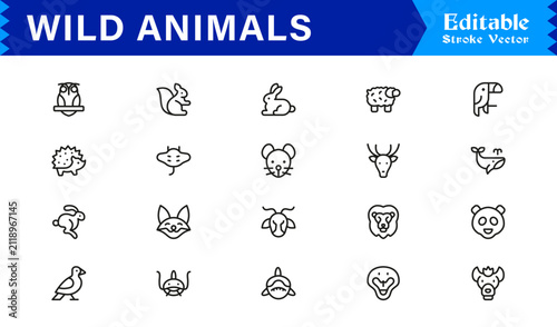 Canvas Print Wild Animals Professional Line Icon Set – Modern Minimal Editable Vector Icons C